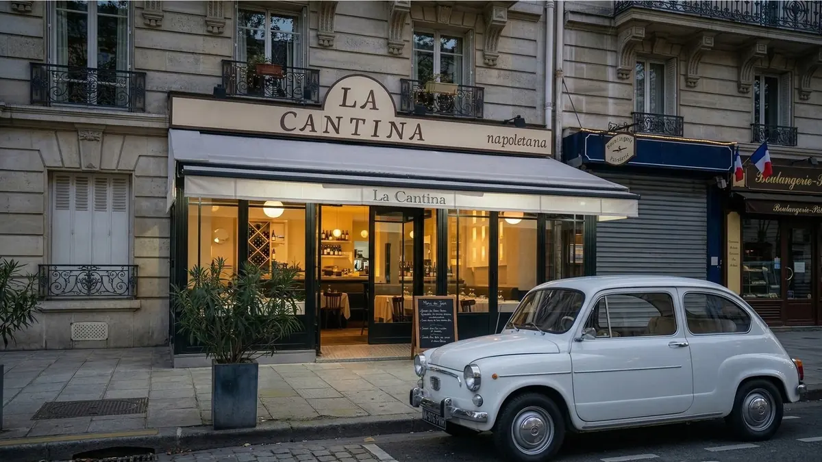La devanture de La Cantina au crépuscule, avec une Fiat 500 d'époque